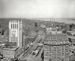 Detroit circa 1918. "Belle Isle from the Dime Savings Bank." In addition to a variety of World War I signage. Detroit Publishing Company. View full size.