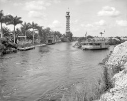 Circa 1912, another view of Old Miami and some long-gone landmarks. "Car'dale Tower and landing and Musa Isle Fruit Farm, head of navigation, Miami River. Steamer Lady Lou entering the mouth of state drainage canal." The origins of the name of the tower, which overlooked the Everglades, are obscure. Sometimes spelled as "Car'dale," also "Car Dale" or "Cardale." View full size.