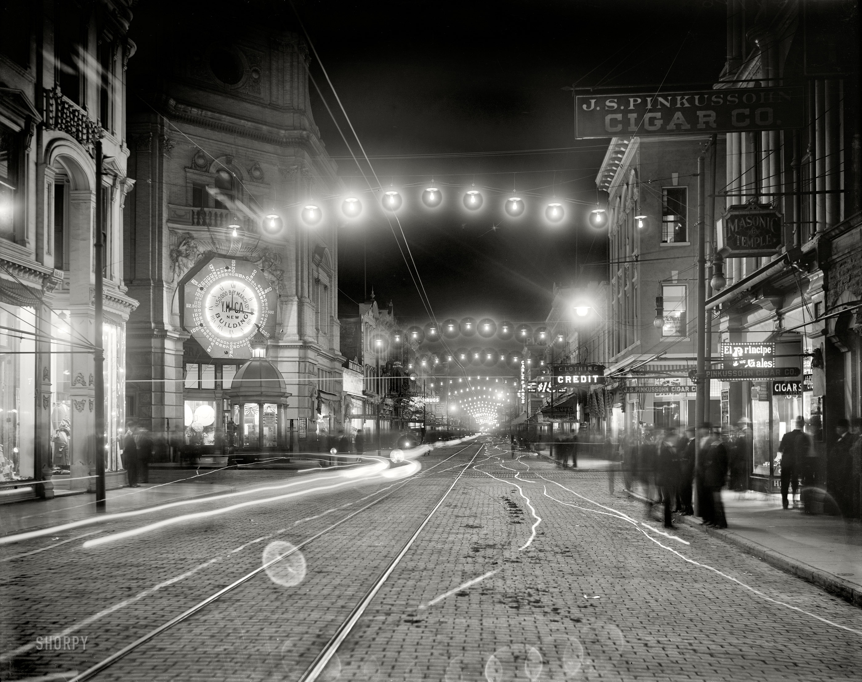 Charleston, South Carolina, circa 1910. "King Street lights at night." 8x10 inch dry plate glass negative, Detroit Publishing Company. View full size.