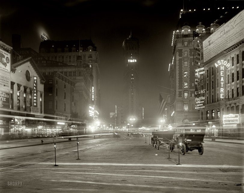New York circa 1911. "Times Square at night." Now playing at the Astor: Raymond Hitchcock as Cicero Hannibal Butts in the musical comedy "Red Widow." 8x10 inch glass negative, Detroit Publishing Company. View full size.
