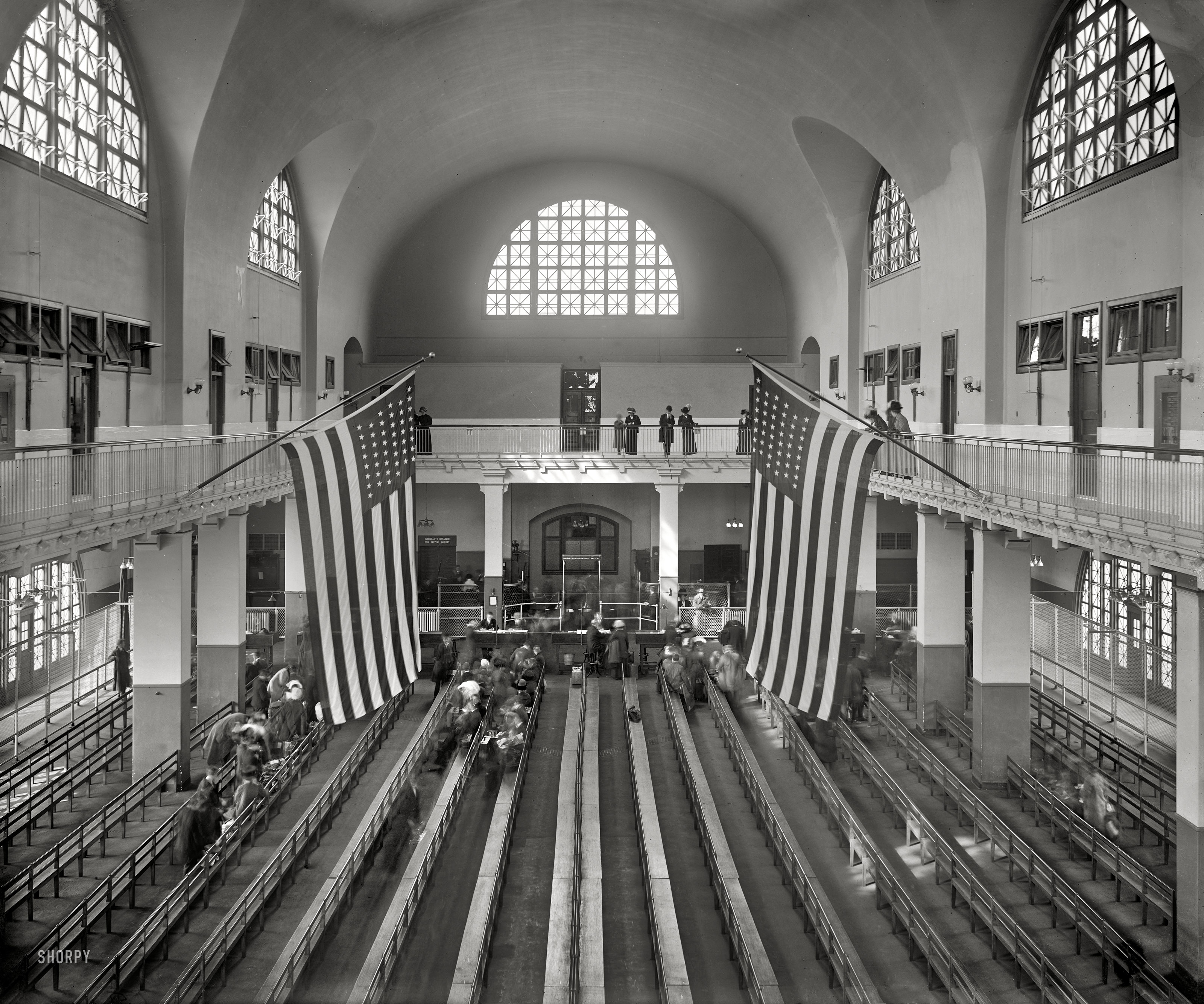 New York circa 1911. "Inspection room, Ellis Island." 8x10 inch dry plate glass negative, Detroit Publishing Company. View full size.