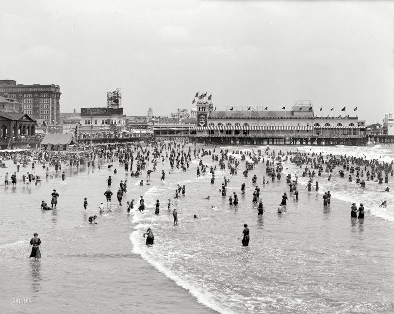 Atlantic City circa 1911. "Bathing at the Steeplechase." George C. Tilyou's Steeplechase Pier and some interesting signage, including a bear-filled Steiff Toys billboard. 8x10 inch glass negative, Detroit Publishing Company. View full size.

