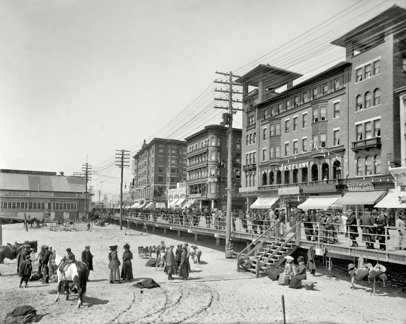 Atlantic City, New Jersey, circa 1911. "Savoy Theatre, Schlitz &amp; Young's hotels." 8x10 inch dry plate glass negative, Detroit Publishing Company. View full size.
