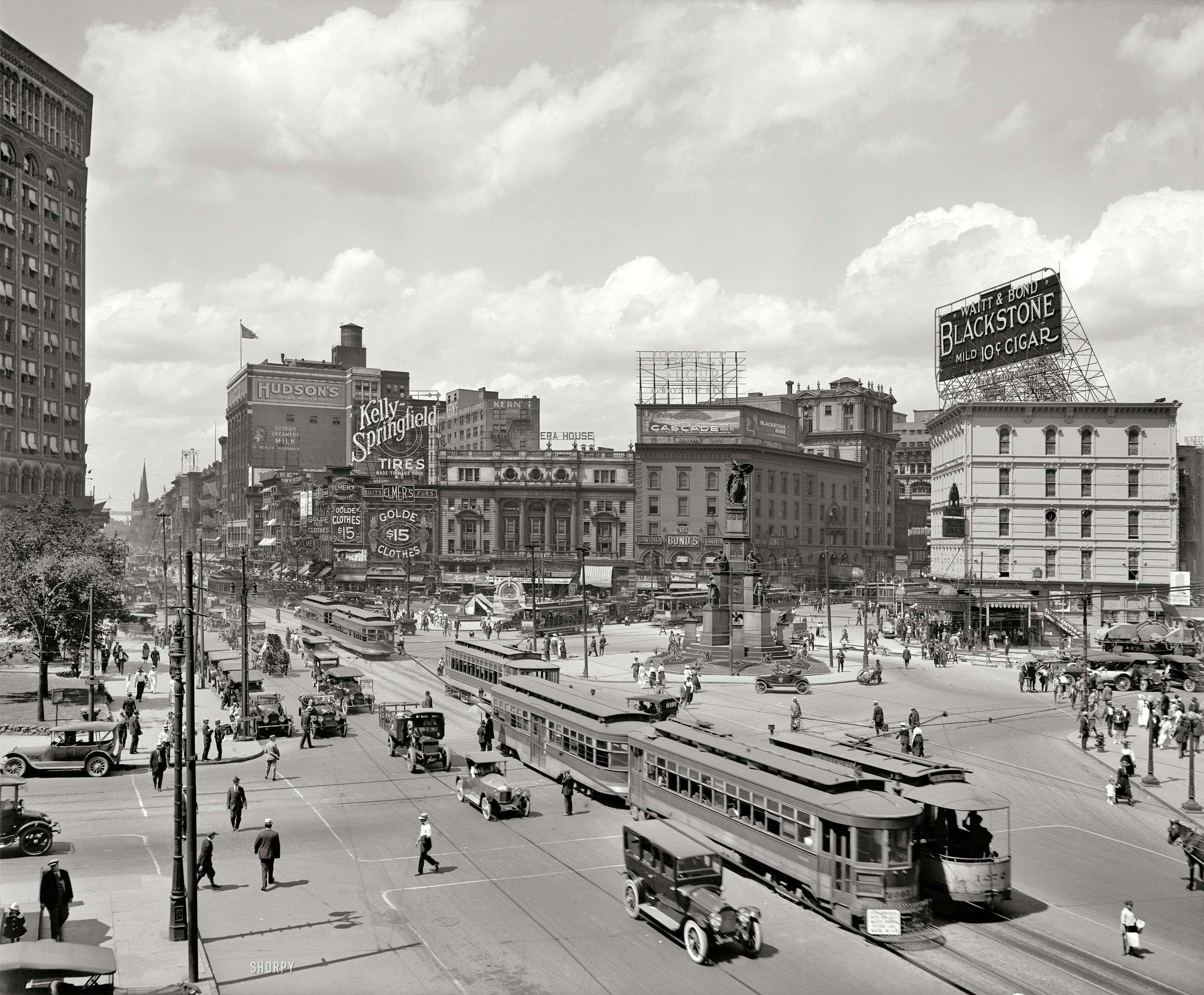 Detroit circa 1917. "Looking up Woodward Avenue." A bustling vista last glimpsed here. 8x10 inch glass negative, Detroit Publishing Company. View full size.
