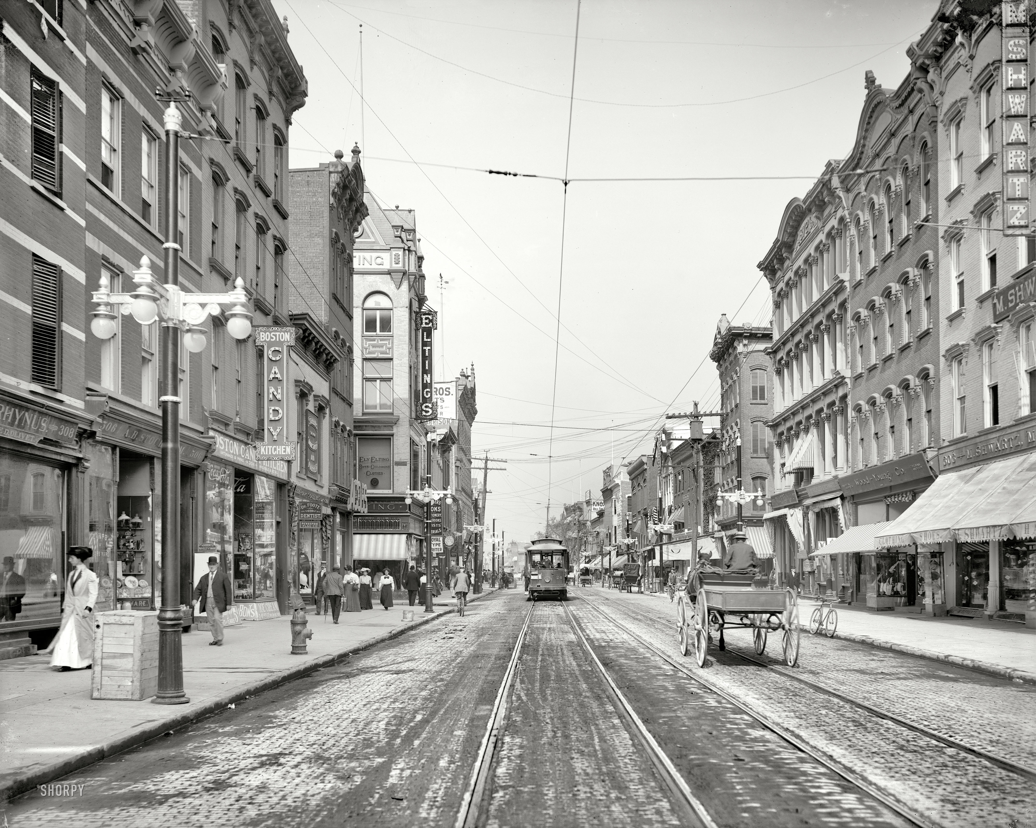 Poughkeepsie, New York, circa 1912. "Main Street looking toward Liberty." A few years after our previous visit, things have been spruced up a bit. 8x10 inch dry plate glass negative, Detroit Publishing Company. View full size.