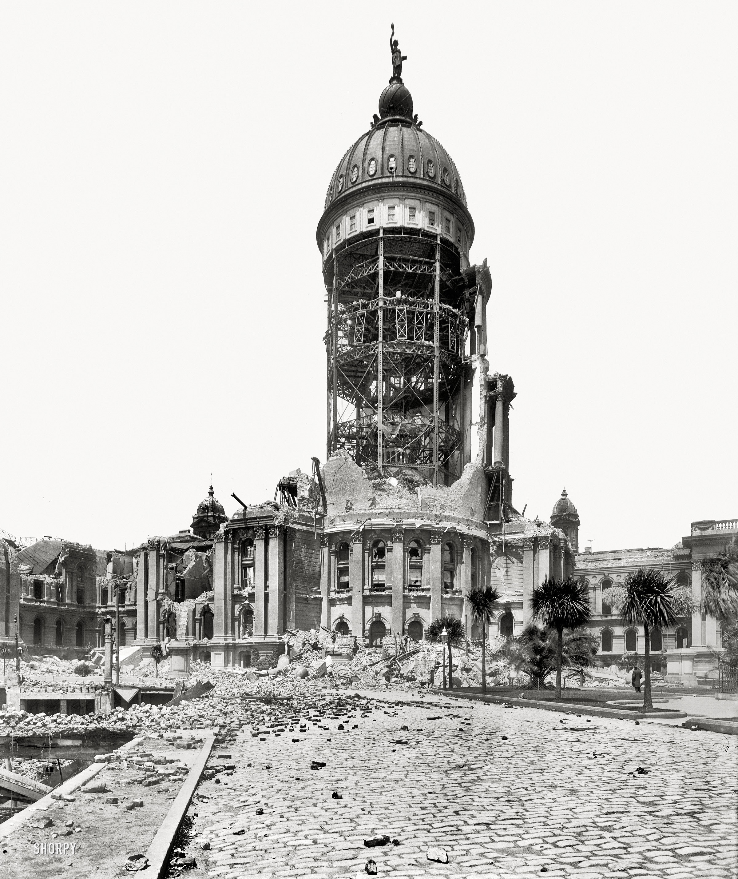 San Francisco, April 1906. "Tower of City Hall after earthquake and fire." 8x10 inch dry plate glass negative, Detroit Publishing Company. View full size.