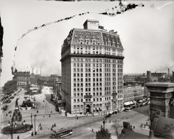 The Hotel Pontchartrain in Detroit, seen earlier today around 1907 in this post. Now it's circa 1910-1915 and it has a few extra floors trimmed Second Empire style to look like a giant mansard roof. Not too many years later it was torn down to make way for a bank. Detroit Publishing glass negative. View full size.