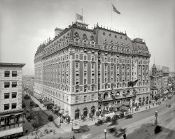 New York circa 1909. "Hotel Astor, Times Square." Note the elaborate roof garden. 8x10 inch glass negative, Detroit Publishing Company. View full size.