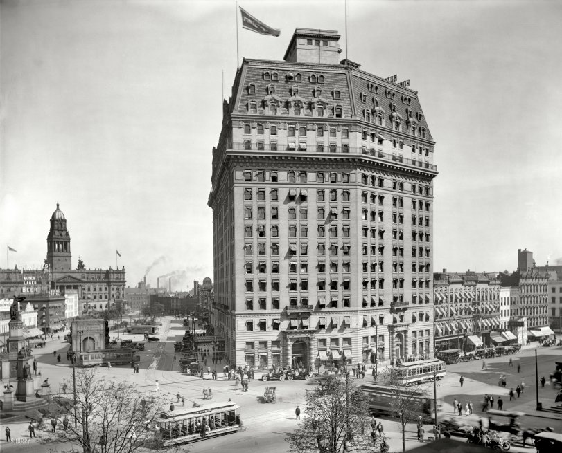 Detroit, Michigan, circa 1910. "Hotel Pontchartrain and Campus Martius." Frequent photographic subjects of the Detroit Publishing Co. View full size.
