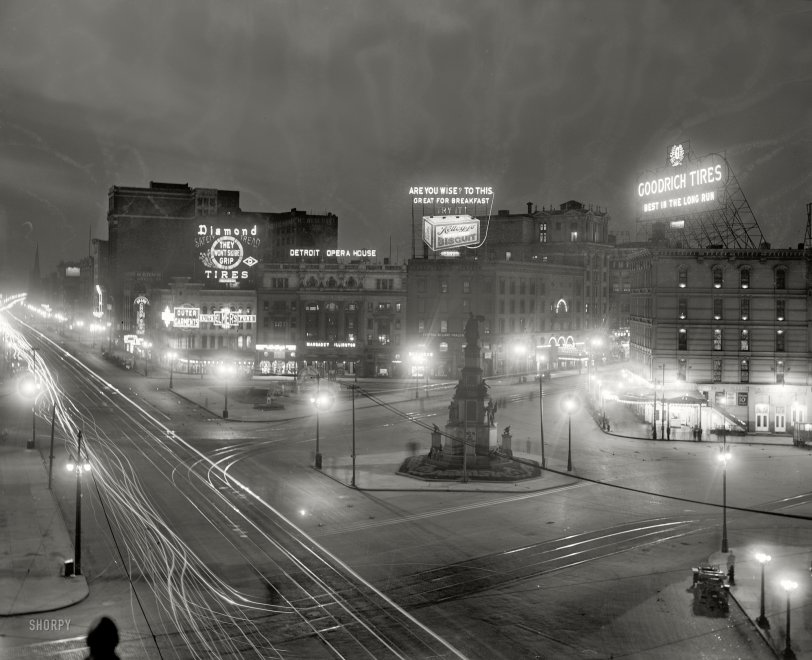 Detroit, Michigan, circa 1910. "Campus Martius at night." A nocturnal view of the Soldiers and Sailors Monument. Detroit Publishing Company. View full size.
