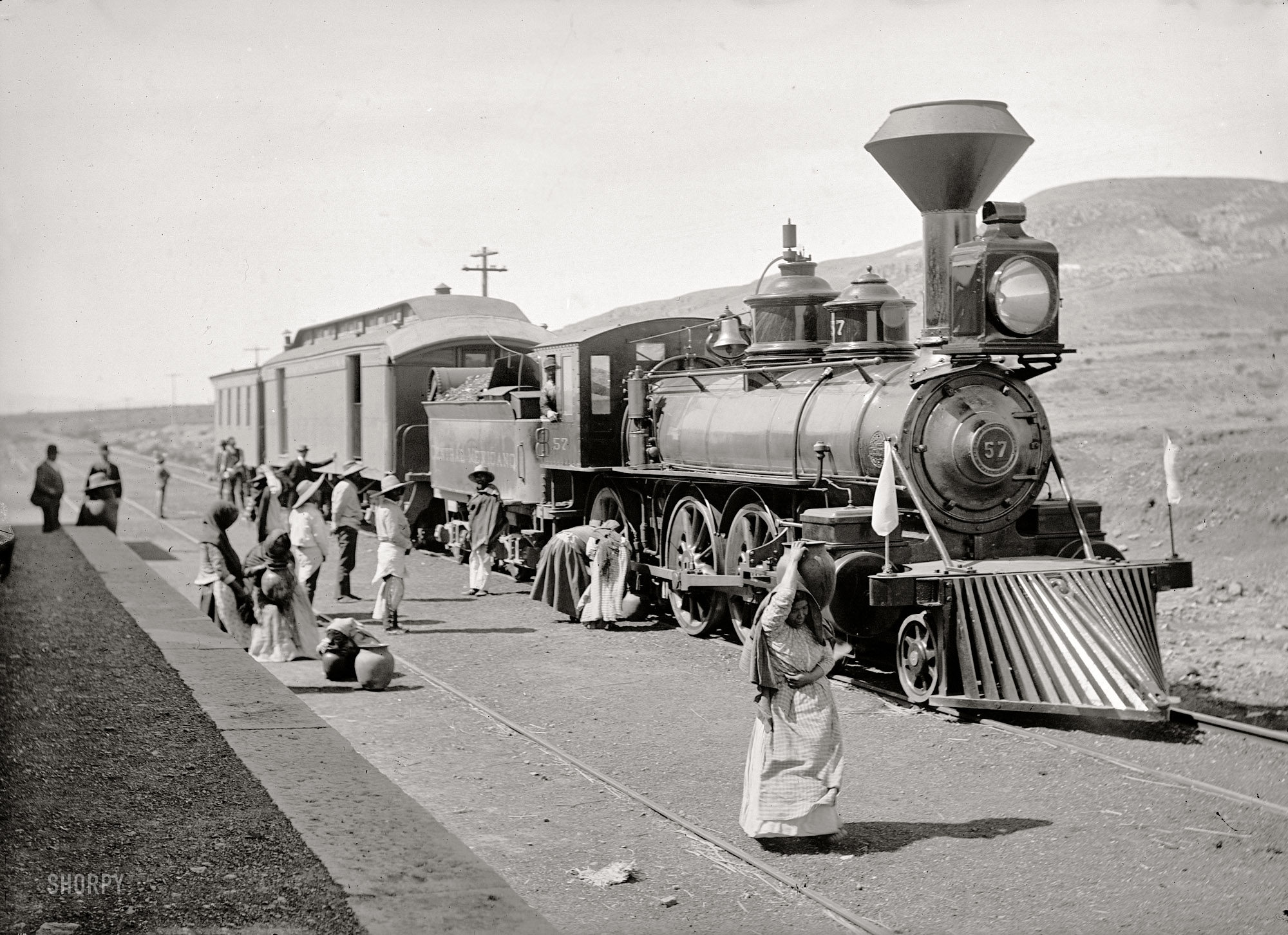 Circa 1890. "Mexican Central Railway train at station." Dry plate glass negative by William Henry Jackson. Detroit Publishing Co. View full size.