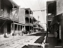 "Royal Street, New Orleans, circa  1900." The sign on the car reads CLIO ST. Who can tell us more? Detroit Publishing Company glass negative. View full size.