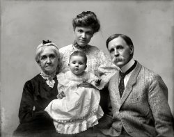 Circa 1904. "W.H. Jackson and family. William Henry Jackson with mother Harriet and probably daughter-in-law (wife of Clarence S. Jackson) and grandson Billy (b. 1902)." 11x14 glass negative, Detroit Publishing Co. View full size.
