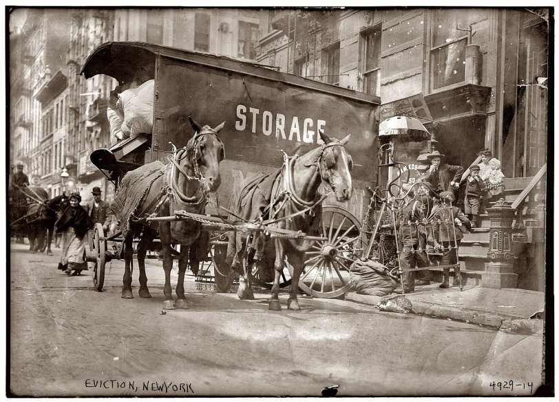Photo of: Lock, Stock and Barrel: 1908 -- Moving van at an apartment eviction in New York circa 1908. View full size. 5x7 glass negative, George Grantham Bain Collection.