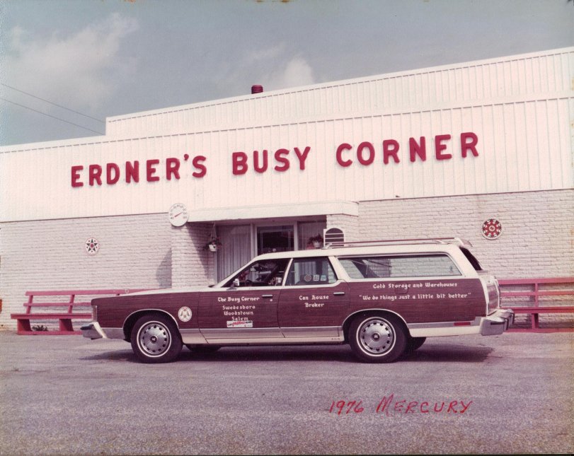 Earl Erdner's 1976 Mercury station wagon parked in front of one of his "Busy Corner" locations in either Salem or Gloucester County, New Jersey, late 1970s. 8"x10" photo I purchased at an antique shop.
All the "Erdner's Busy Corner" buildings still exist, but the business is long gone.

