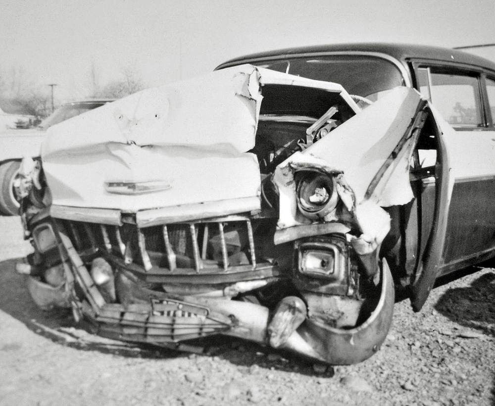 I was in the back seat when we wrecked.  A T-bird blew a red light and we T-boned them.  My grandpa broke all his ribs, my Dad snapped his arm off at the shoulder.  My brother and I flew into the back of the front seats and ripped the skin off our knees.  We were going about 45 or so.  It was a scary experience.  I still remember most of the details of that day.  It was a cold November day in 1964 in Kent Ohio. View full size.