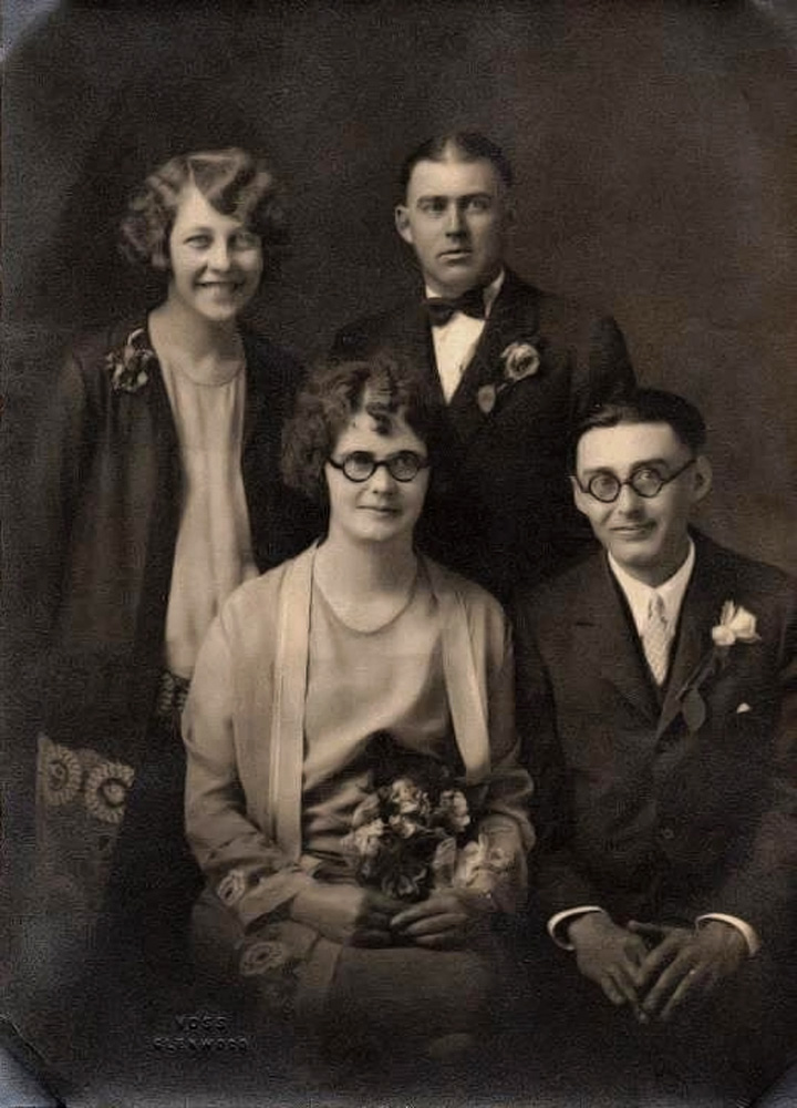 This is a wedding photo of Mable & Bennie Chan, in Minnesota. Sometime in the 1920s. The two in the back are their friends. 