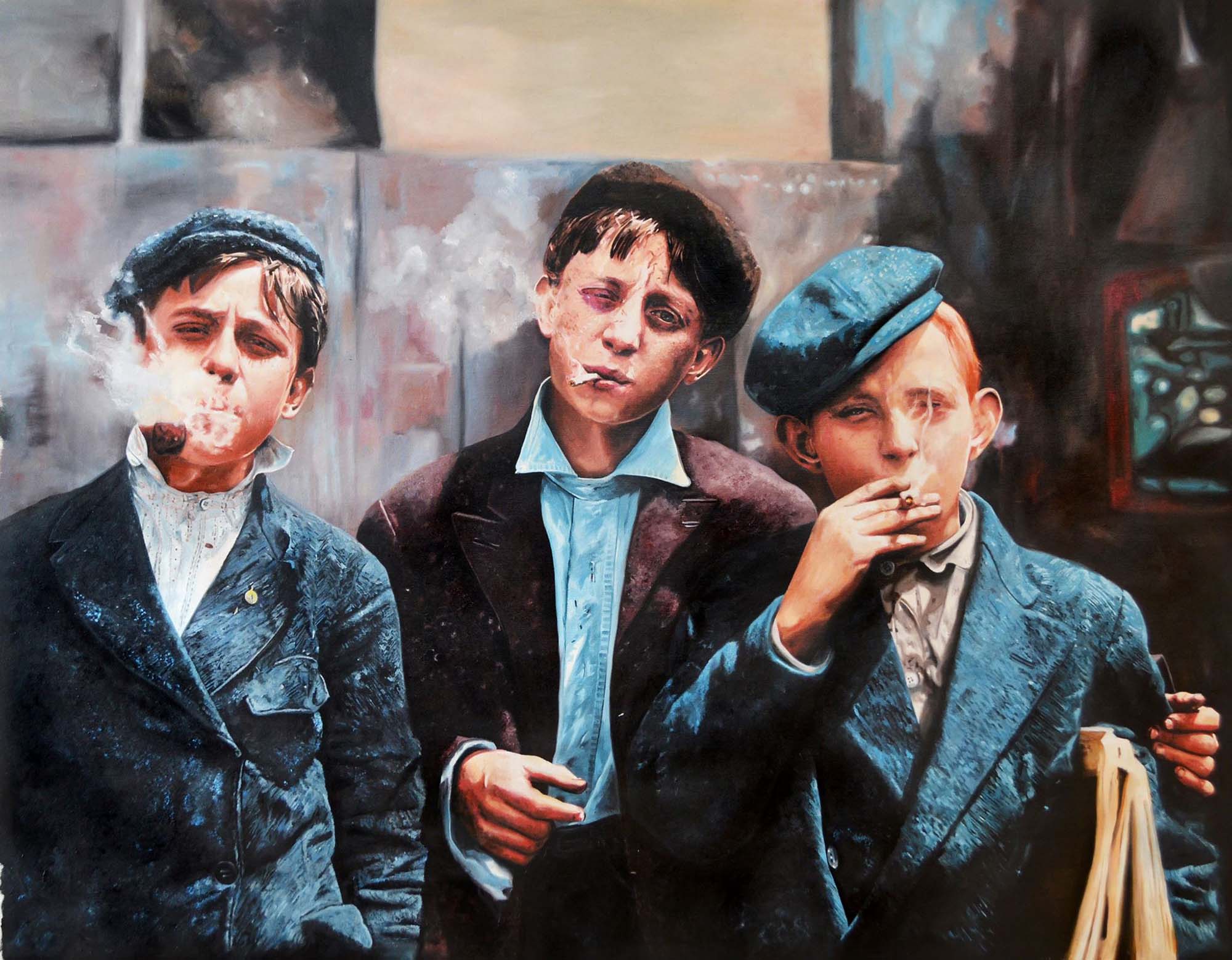 Oil painting on canvas by Marek Pękacz of Lewis Wickes Hine photos of "Newsies at Skeeter's Branch, Jefferson near Franklin, St. Louis." 

From the artist:

"With my painting I would like to make the photo vivid in colours, enliven the boys and eternalise their dreams. Think about the childhood that they hadn't experienced. Take into consideration those children, who now only a few hours flight from here, suffer anguish because of greed and profit.

"Child's labour is constantly common in many parts of the world, according to statistics by UNICEF, there are around 150,000,000 working children in 2019.

"Watching the black and white photo of Lewis Hine, I saw young boys in men's poses, smoking cigarettes, full of dreams, fighting hunger and poverty every day.

"I wanted to revive these boys and immortalize their dreams."