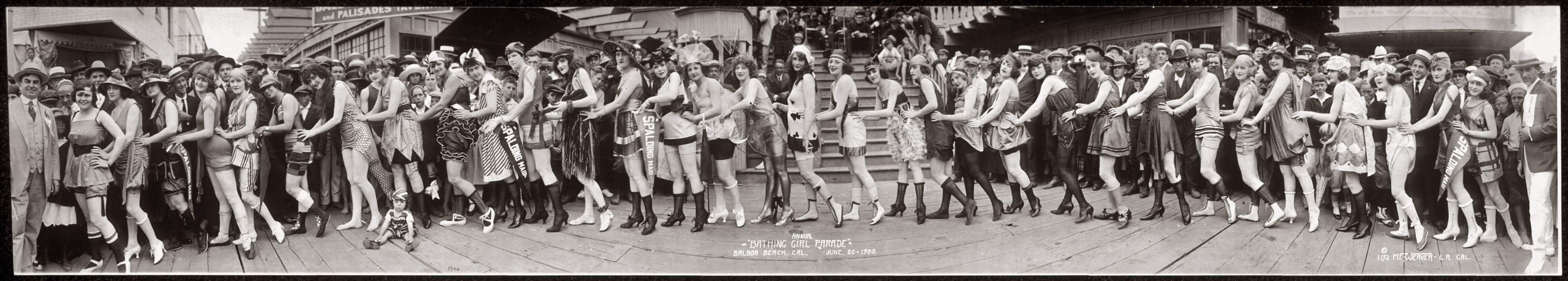 
Annual "Bathing Girl Parade," Balboa Island at Newport Beach, California. June 20, 1920. Panoramic photo by Miles Weaver. View full size.