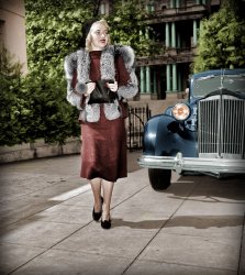 Washington, D.C., circa 1937. "Jane Grier." Pictured with a Packard near the old State, War and Navy building. Harris &amp; Ewing Collection. View full size.
That&#039;s one fine coat you got there.However you got the effect of the fur, it is gorgeous. If you left it b/w and colored everything else, it worked.
(Colorized Photos)
