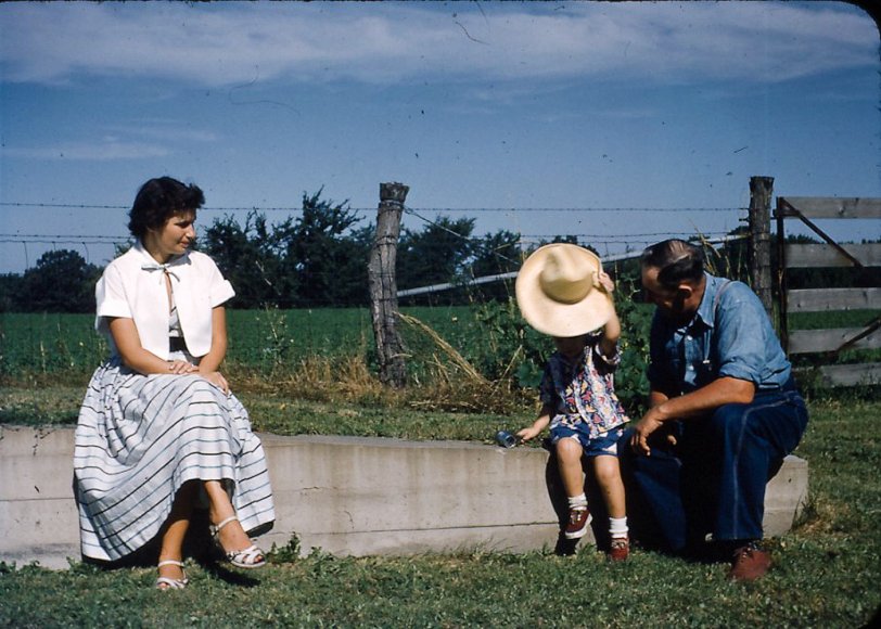 There are a lot of memories from that family farm near Blandinville, Ill., where these 35mm Kodachromes were taken.
I am examining the inside of my grandfather's straw hat while my mother looks on. We are seated on the approach to the scale, where Grandfather could weigh a load of grain before taking it to the elevator. The fence was typical in that area at a time when farmers rotated crops and allowed the animals to forage after harvest. Those practices sure have changed. Now it is border to border crop, forget the fence and the animals, wear the soil out and dump some chemical fertilizer to bring things to right again. View full size.
