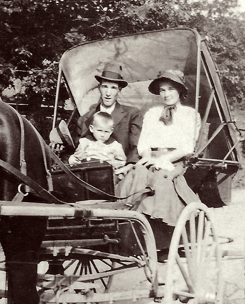 Oliver Jett Cliser with wife Elizabeth Jewell Cliser and their son Elbert. A horse and buggy ride to church in 1918. Oliver and Elizabeth Cliser raised 14 children in Virginia. Their farm was on the Blue Ridge Parkway just north of Route 211 near Luray, Page County, Virginia - Shenandoah Valley. Oliver Cliser the Third Cliser generation here in America, he passed away in 1970.
