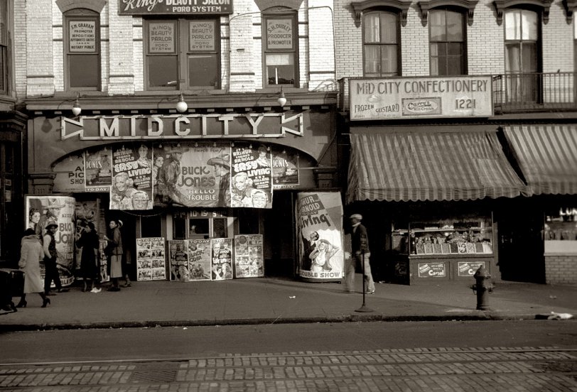 December 1937. Midcity Cinema at 1223 Ninth Street NW in Washington, D.C. View full size. 35mm nitrate negative by John Vachon for the FSA.
