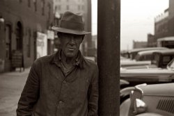 November 1938. "Unemployed man. Omaha, Nebraska." View full size. 35mm nitrate negative by John Vachon for the Farm Security Administration.