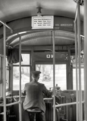 November 1938. "Streetcar motorman in Omaha, Nebraska." 35mm negative by John Vachon for the Resettlement Administration. View full size. 