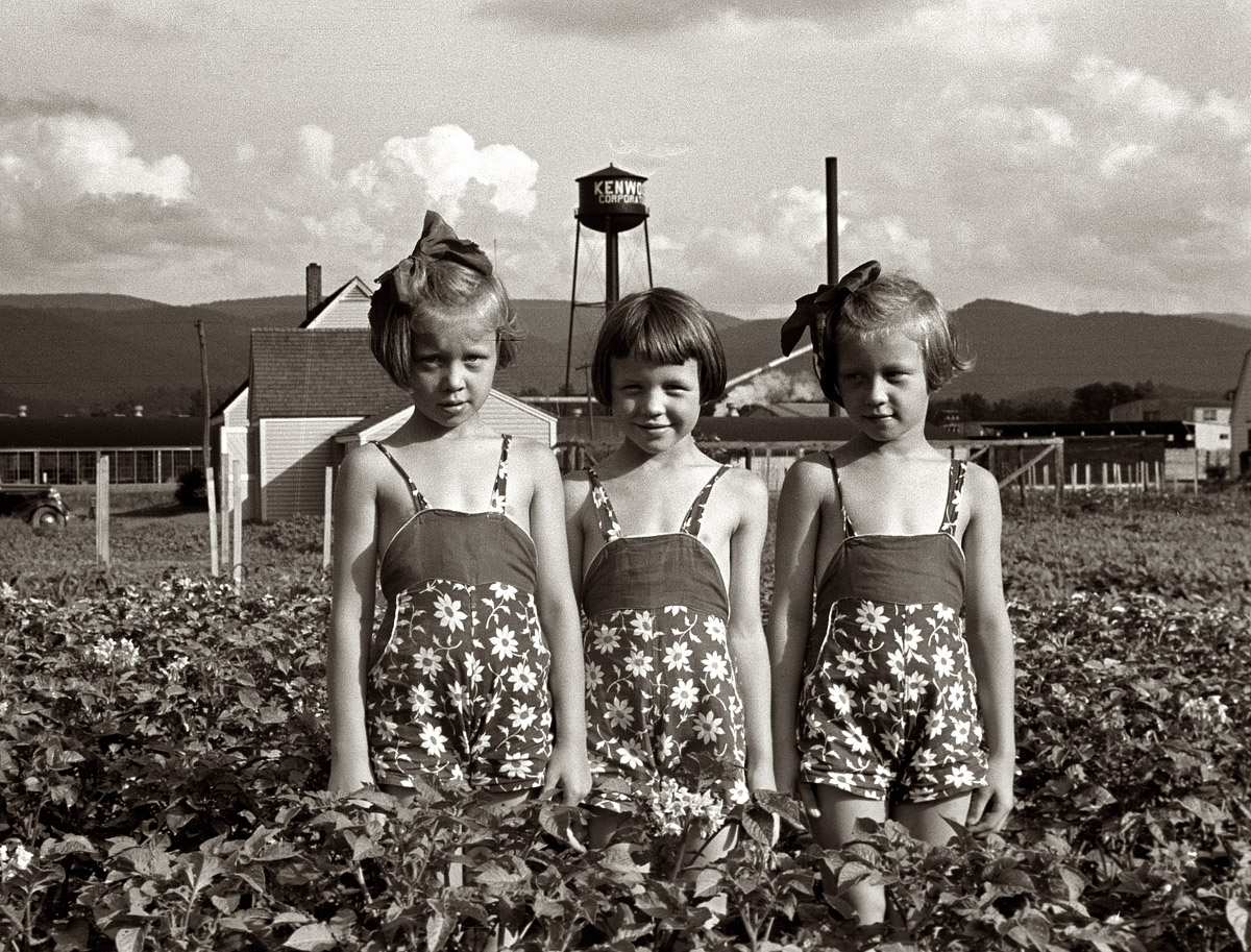 June 1939. Daughters of a Tygart Valley, West Virginia, homesteader. House and factory in background. View full size. 35mm nitrate negative by John Vachon.