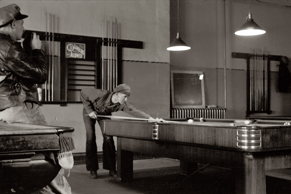 May 1940. "Pool room in Scranton, Iowa." View full size. 35mm nitrate negative by John Vachon for the Farm Security Administration.