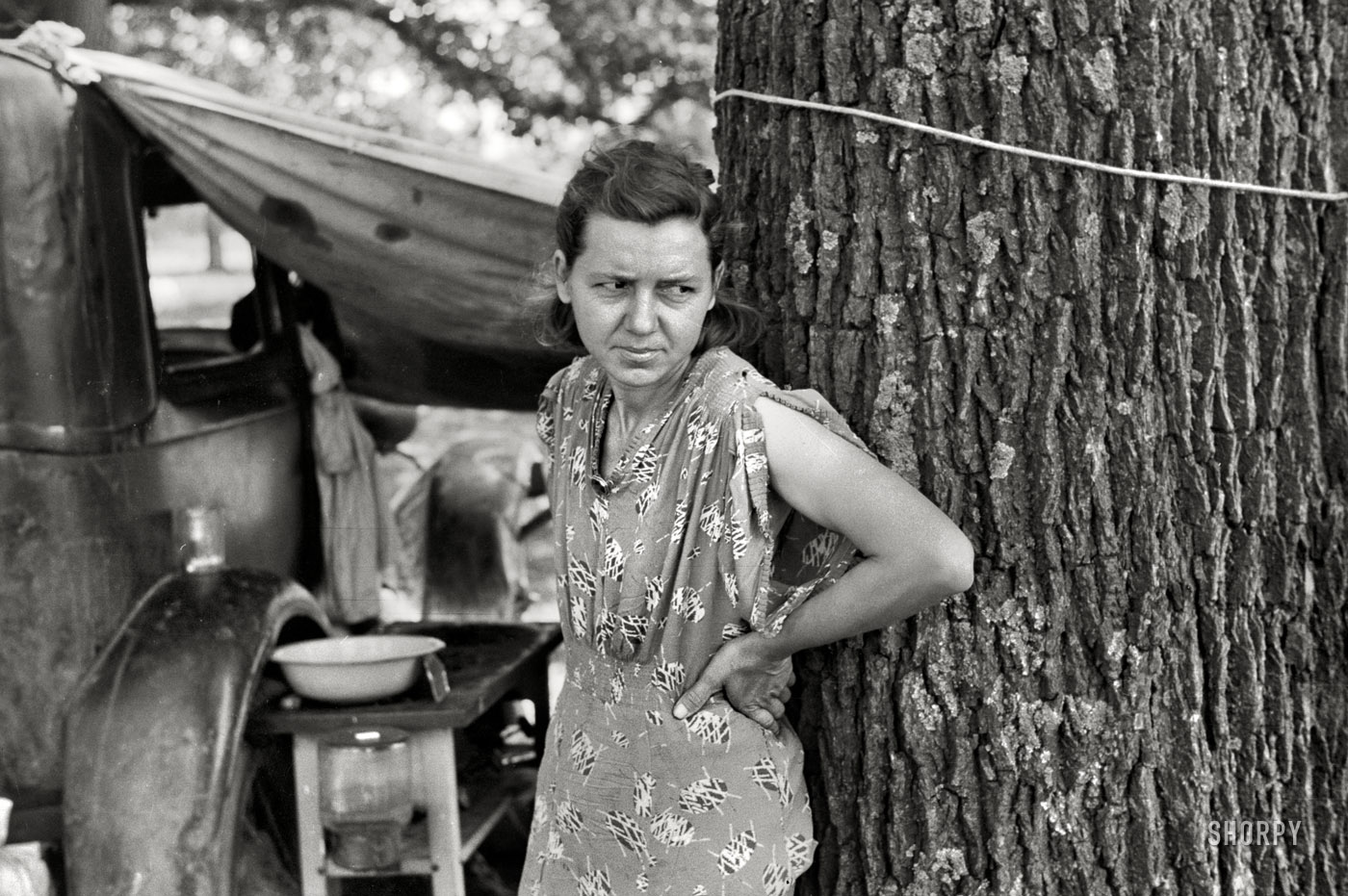 July 1940. Berrien County, Michigan. "Migrant woman from Arkansas in roadside camp of cherry pickers." Our third look at this lady next to the battered sedan that her family calls home. 35mm nitrate negative by John Vachon. View full size.