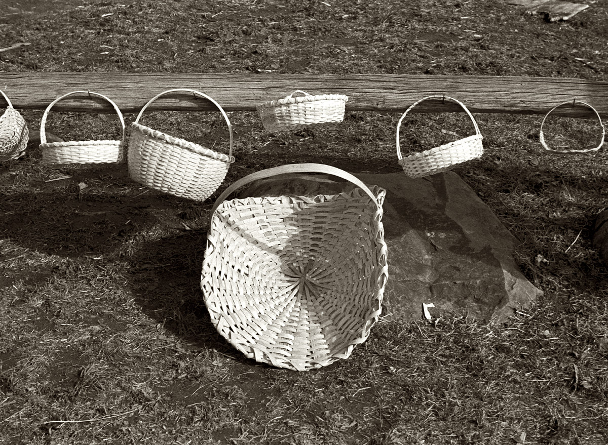 October 1935. "Baskets made and sold by mountain folk to tourists." Nicholson Hollow in Shenandoah National Park, Virginia. View full size. 35mm nitrate negative by Arthur Rothstein for the Farm Security Administration.