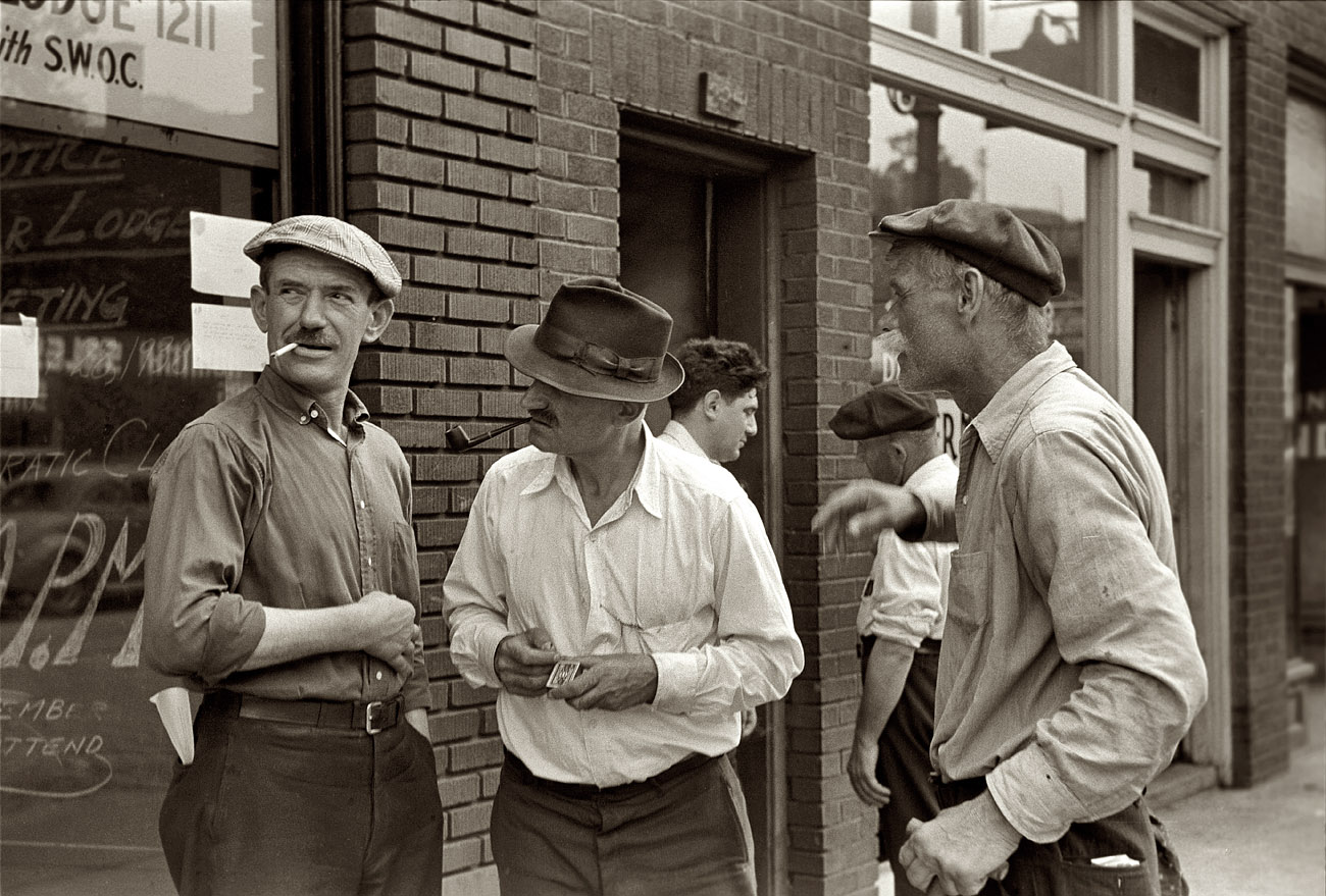July 1938. Veteran steelworkers in Aliquippa, Pennsylvania. View full size. 35mm nitrate negative by Arthur Rothstein for the Farm Security Administration.