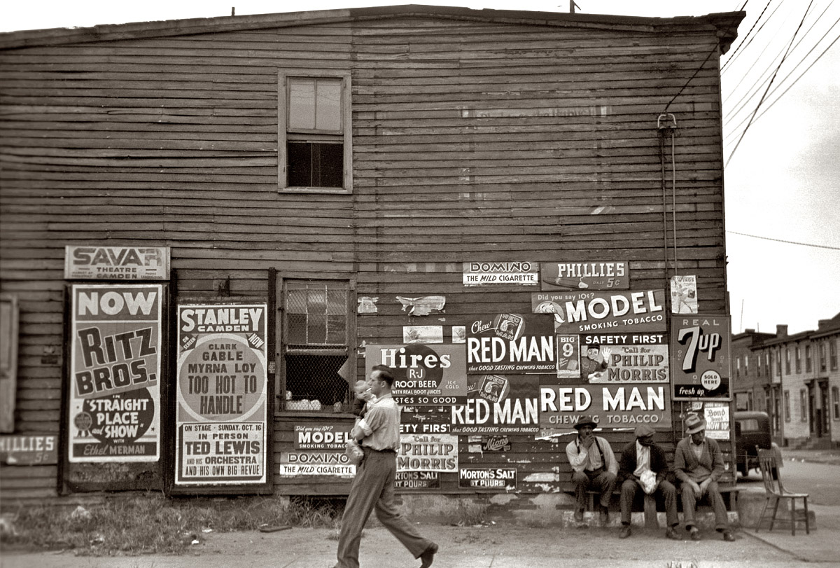 October 1939. A street scene in Camden, New Jersey. View full size. 35mm nitrate negative by Arthur Rothstein for the Farm Security Administration.