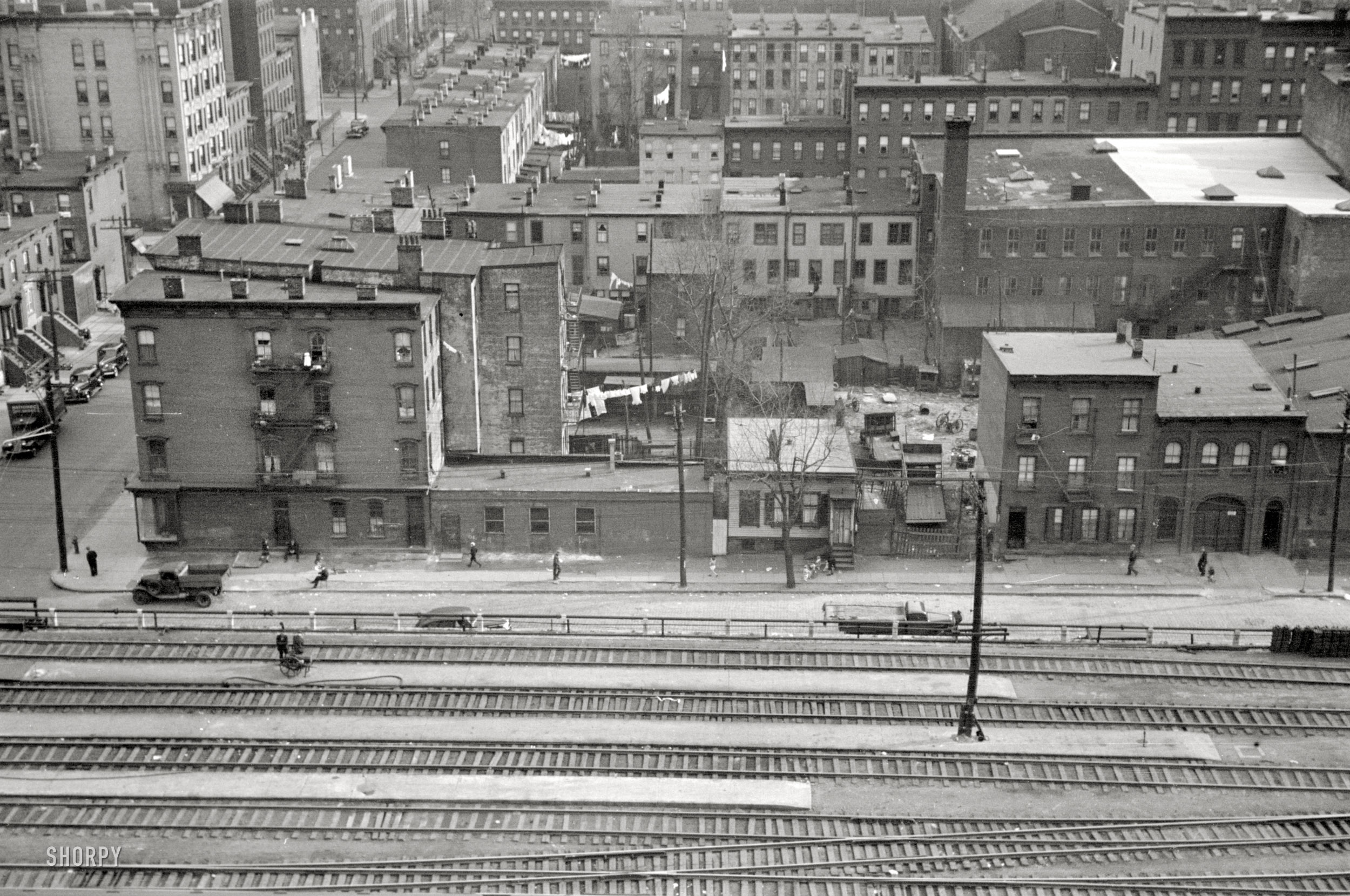 April 1939. "Jersey City, New Jersey." A trackside tableau. 35mm nitrate negative by Arthur Rothstein for the Resettlement Administration. View full size. 