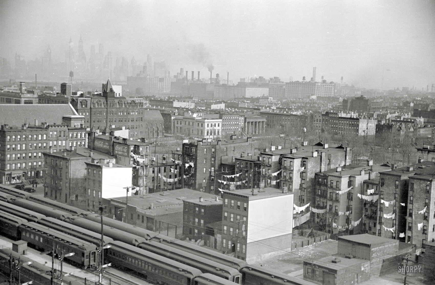 April 1939. "Jersey City and Manhattan skyline." 35mm nitrate negative by Arthur Rothstein for the Farm Security Administration. View full size. 