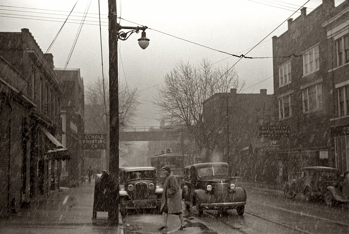 February 1940. A snowy street in Parkersburg, West Virginia. View full size. 35mm nitrate negative by Arthur Rothstein for the Farm Security Administration.