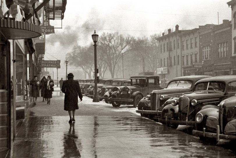February 1940: The main street in Iowa City, Iowa. View full size. 35mm nitrate negative by Arthur Rothstein for the Farm Security Administration.

