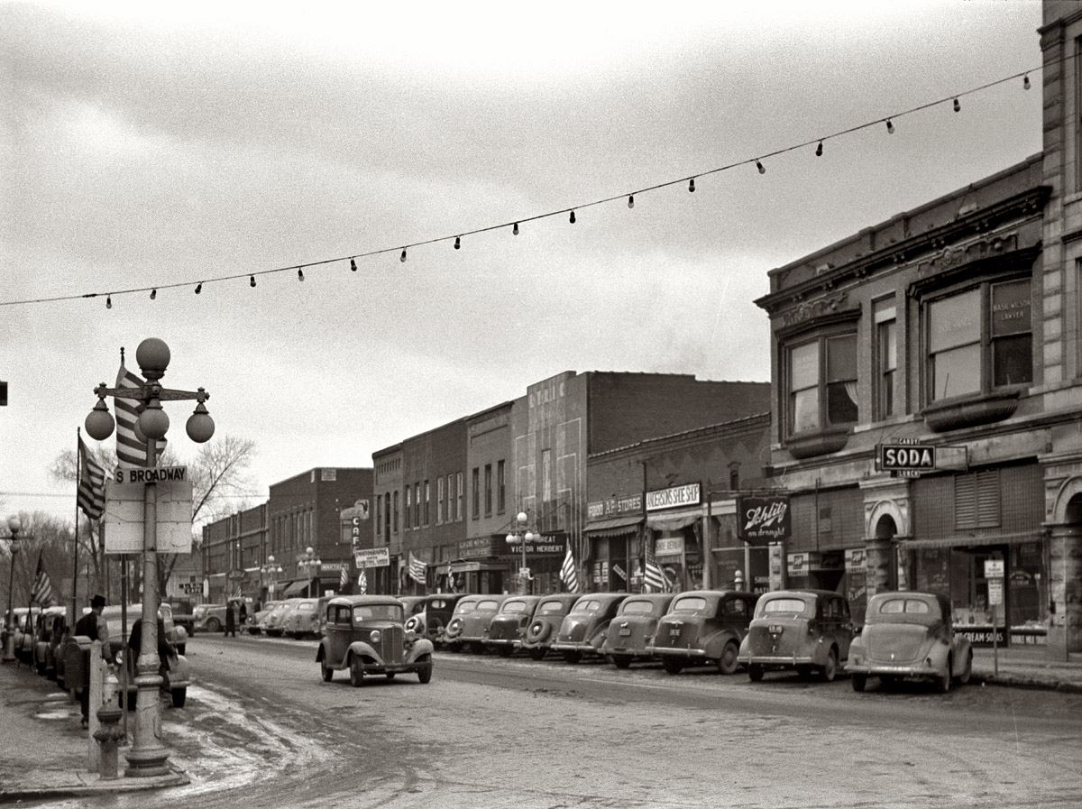 February 1940. The business district in Salem, Illinois. View full size. 35mm nitrate negative by Arthur Rothstein for the Farm Security Administration.