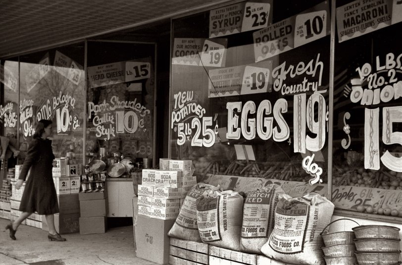 February 1940. A grocery store in Salem, Illinois. View full size. 35mm nitrate negative by Arthur Rothstein for the Farm Security Administration.
