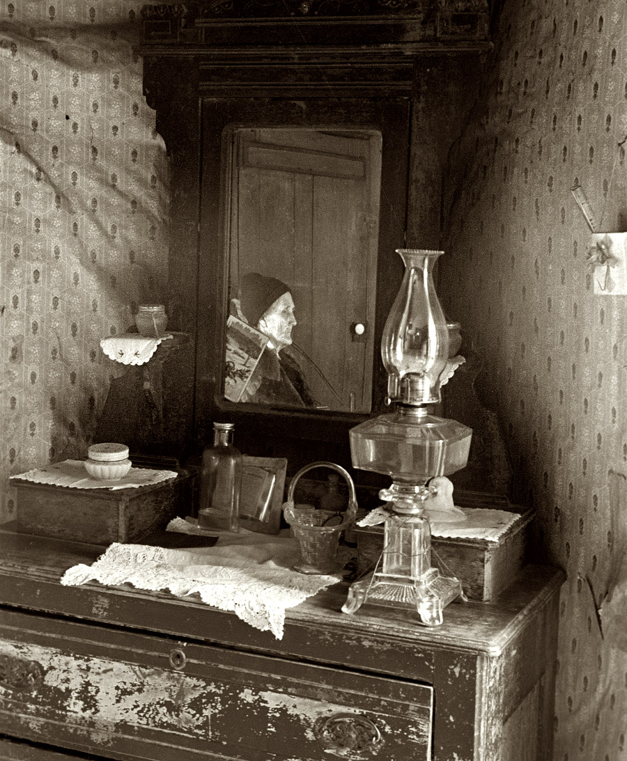 October 1935. "Interior of a home of prospective resettlement client. Brown County, Indiana." The old woman seen with her husband in an earlier post today. View full size. 35mm nitrate negative by Theodor Jung for the FSA.