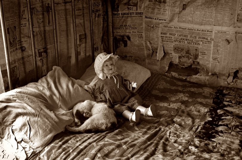 April 1936. "Interior of rehabilitation client's cabin. Jackson County, Ohio." A close-up of the little girl's room  shown four pictures down. 35mm nitrate negative by Theodor Jung, Resettlement Administration. View full size.
