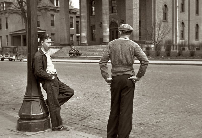 Photo of: Hanging Out: 1936 -- A Sunday afternoon street scene in Jackson, Ohio. View full size. 35mm nitrate negative by Theodor Jung for the Farm Security Administration.