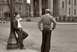A Sunday afternoon street scene in Jackson, Ohio. View full size. 35mm nitrate negative by Theodor Jung for the Farm Security Administration.
JeansJeans were invented during the California gold rush (1849).
Funny how teenagers looked just as surly then as they do today 
A guy wearing jeans andA guy wearing jeans and sneakers in 1936?
Jeans to be traded soon.He doesn't know it yet, but it's 1936 and in a few years he'll be wearing combat fatigues. I can't help but wonder if he survived to 1945.
Jackson BoysYeah, in 1936 sneakers existed.  Converse Chucks started somewhere around 1919.  I grew up about 30 miles South of Jackson, Ohio and 21 years later.
Denim History1873 is usually given as the starting date of denim being worn. This would have also been around the time the riveted pockets/stress points earned a patent.
(The Gallery)