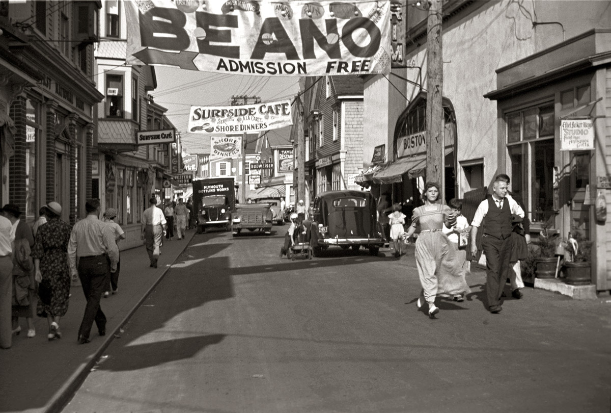 Provincetown, Massachusetts. Summer 1935. 35mm photo by Edwin Rosskam. View full size. Beano, an old county-fair game with dried beans used as markers, is said to have been the forerunner of bingo.