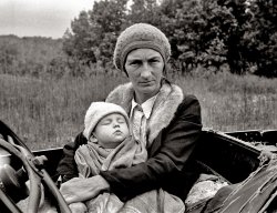 October 1935. "Poverty on the march." Wife and child of destitute Ozark family in Arkansas. 35mm nitrate negative by Ben Shahn. View full size.