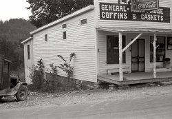 October 1935. View of the L.F. Kitts general store in Maynardville, Tennessee. View full size. Photograph by Ben Shahn. Scan from 35mm nitrate negative.