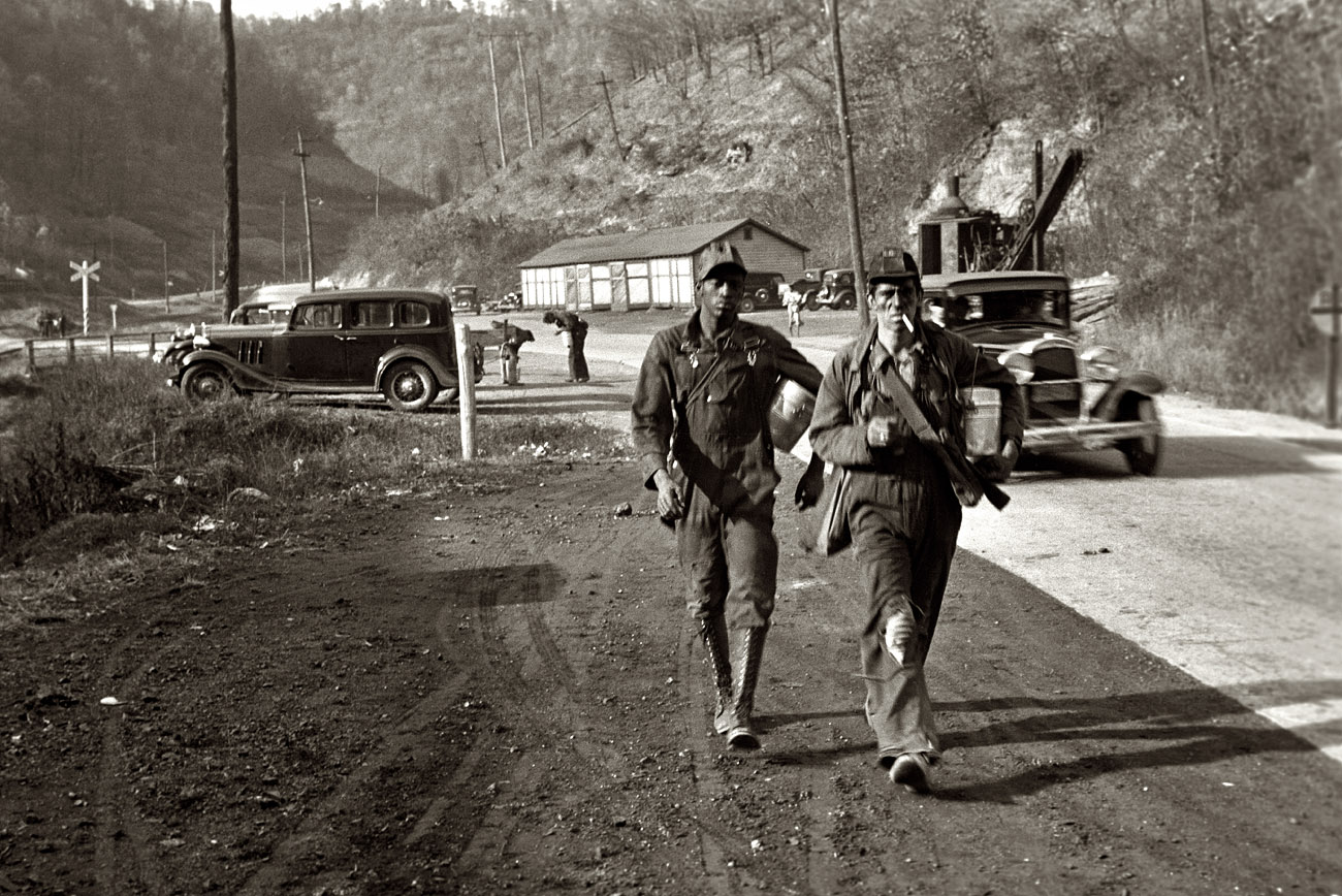 October 1935. Workers coming off the job at Consolidated Coal in Jenkins, Kentucky. View full size. 35mm nitrate negative by Ben Shahn for the FSA.