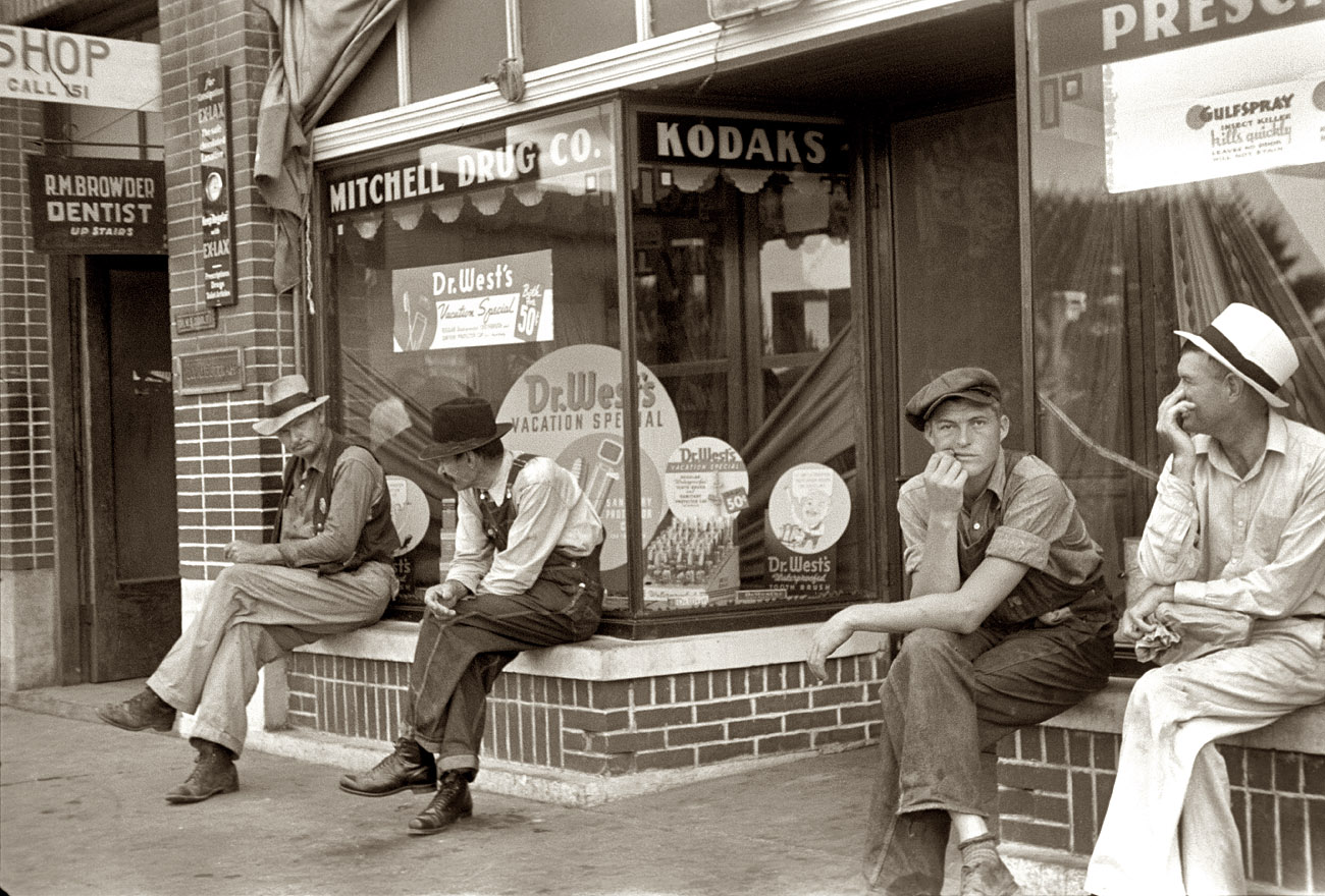1937. "Men loafing. Crossville, Tennessee." View full size. 35mm nitrate negative by Ben Shahn for the Farm Security Administration.